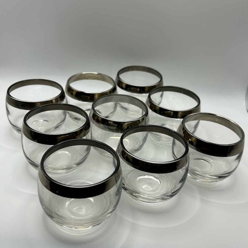 Set of 9 Vintage Dorothy Thorpe Silver Band Roly Poly Glasses Cups 8 oz MCM.